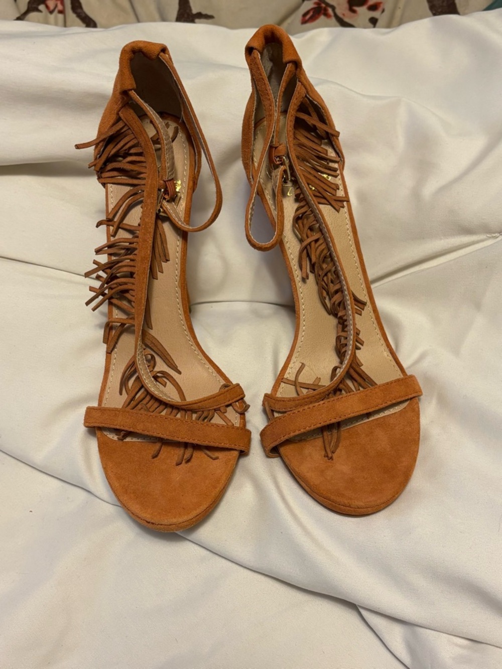Colin Stuart Rust Suede Fringe with buckle near the Heels